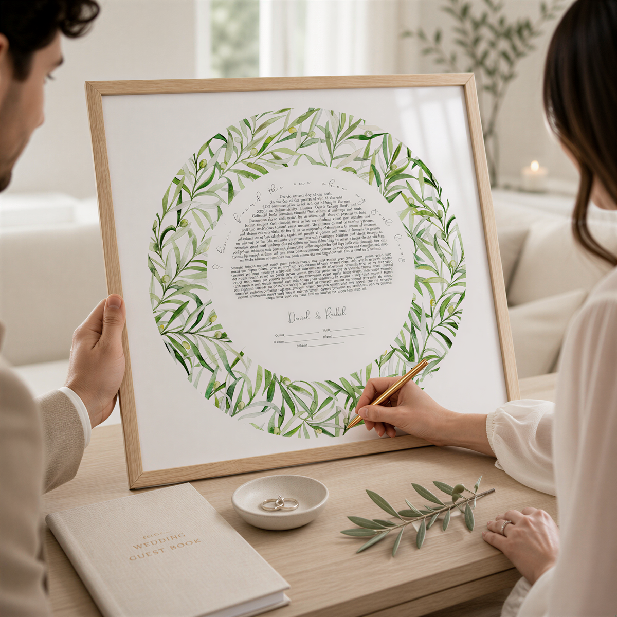 A couple is signing a wedding ceremony document with a pen, surrounded by a wreath and other wedding-related items on a table.
