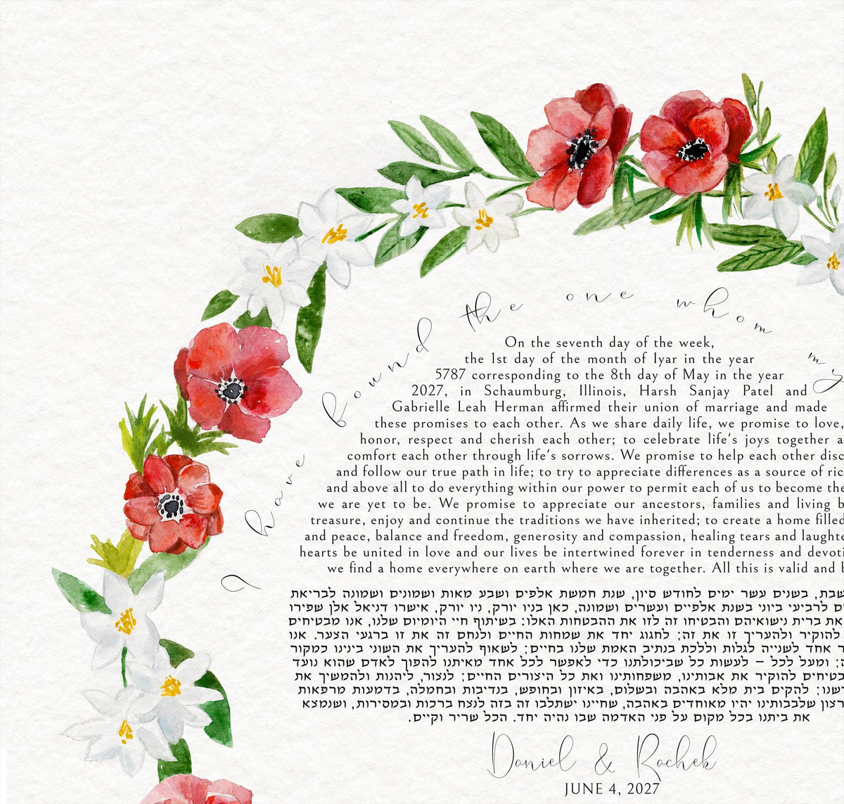 Watercolor Floral Ketubah, Red Anemone Jasmine Wreath Print