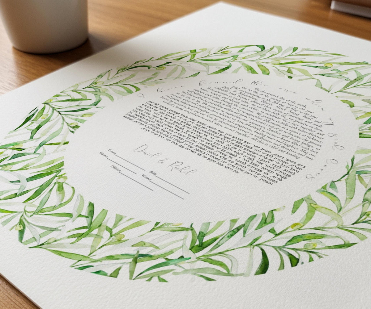 a watercolor-style document with a wreath-like border and a green leaf pattern. The document appears to be a legal or formal document, possibly a marriage or partnership agreement, with text and signatures.