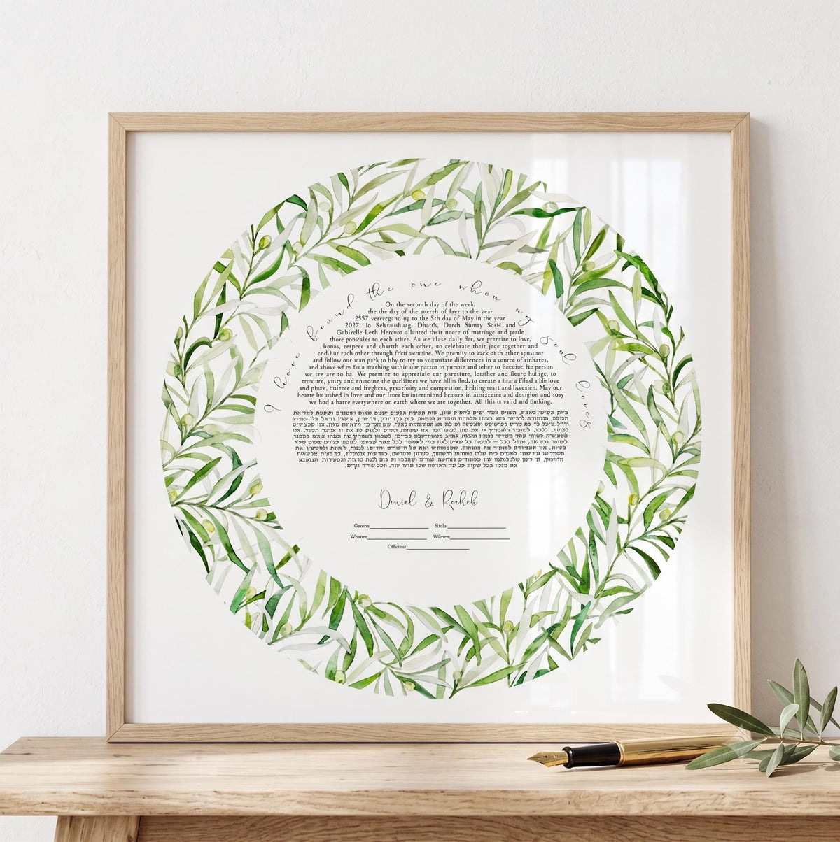 a framed watercolor print with a wreath of green leaves surrounding a central text area.