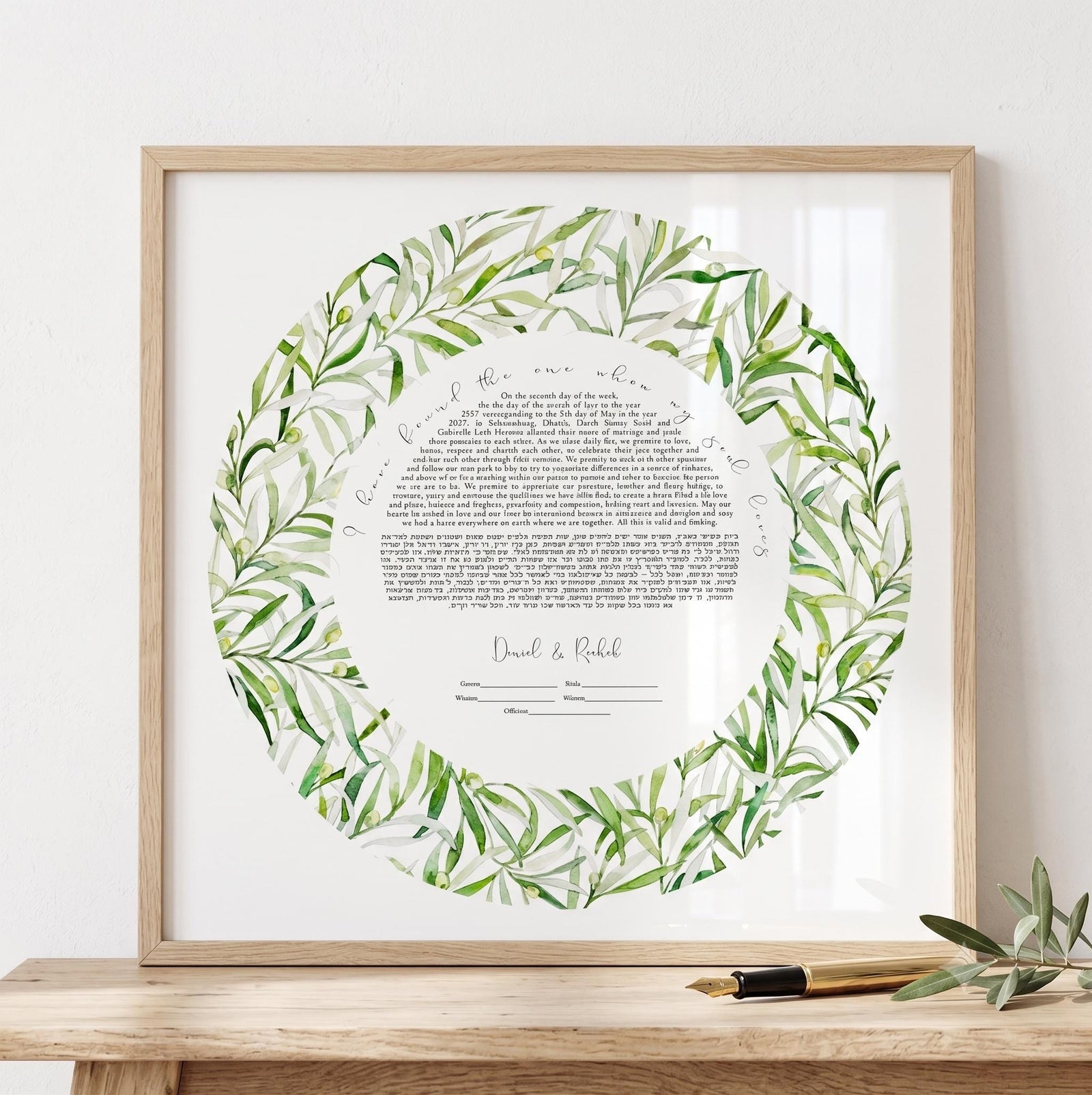 a framed watercolor print with a wreath of green leaves surrounding a central text area.