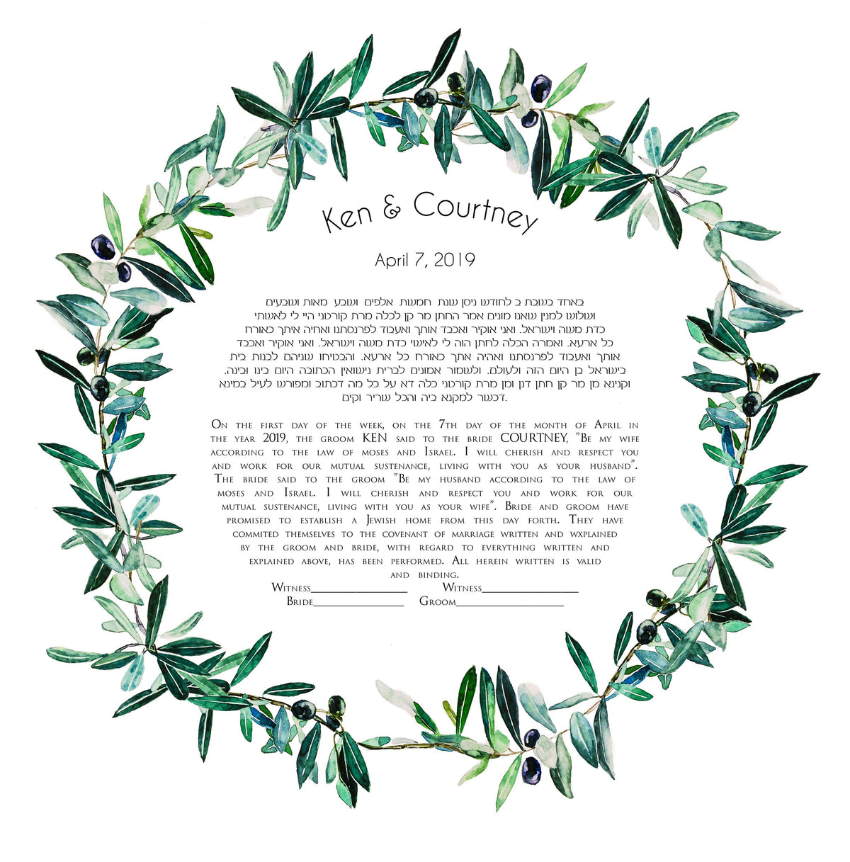 Olive Ketubah, Watercolor Ketubah, interfaith wedding